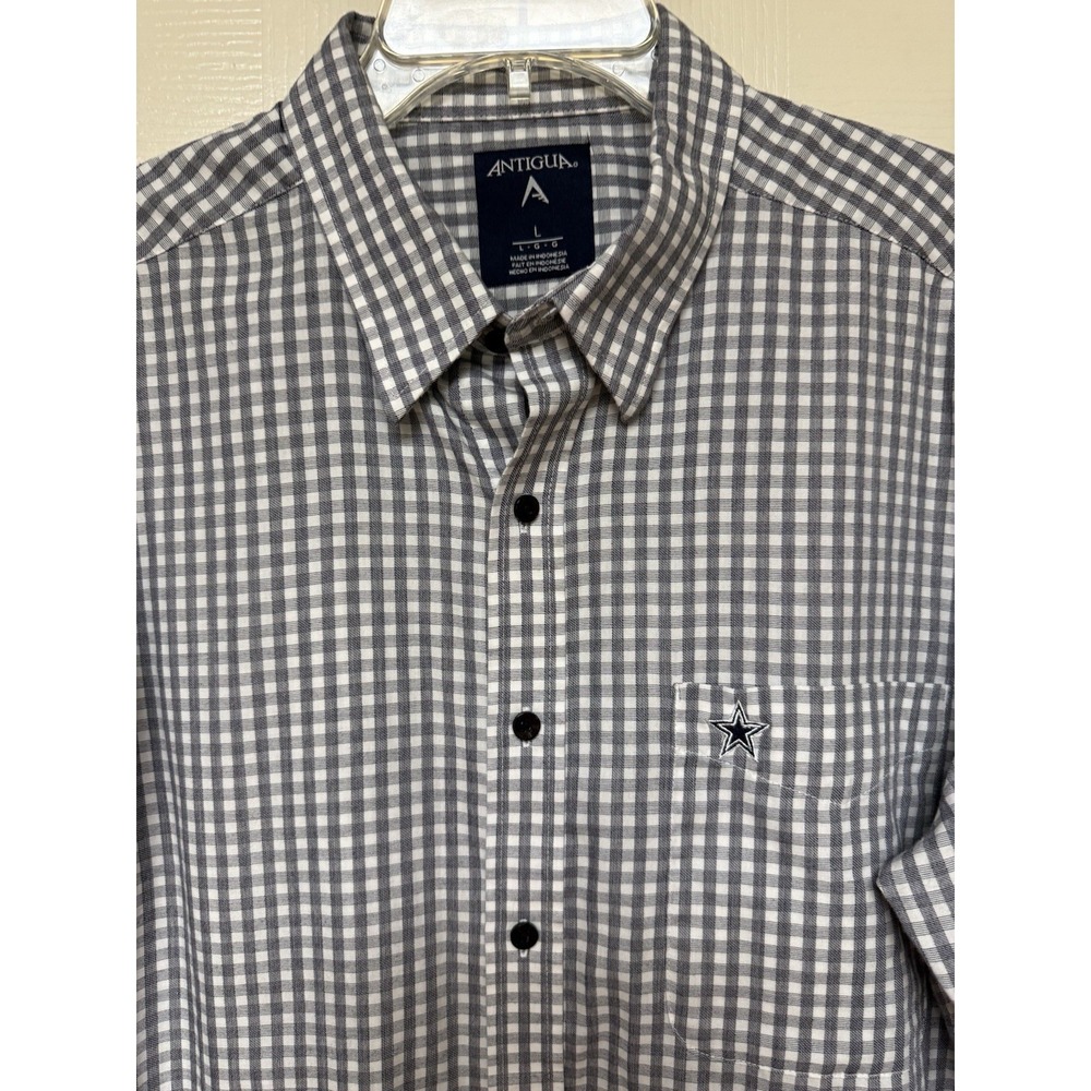 Dallas Cowboys Antigua Shirt Men's L Gray White Plaid Long Sleeve Button Front